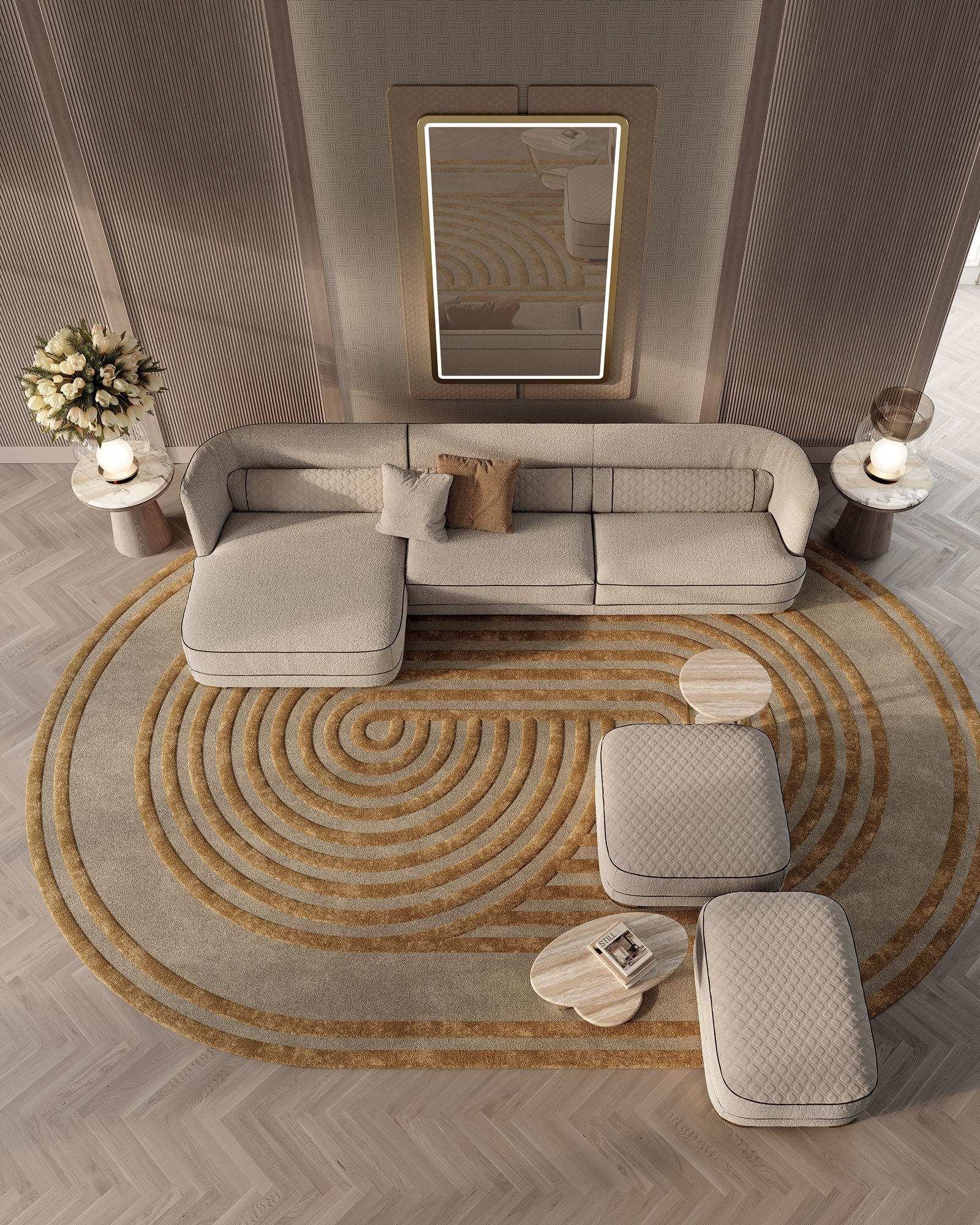 Greppi canapé design haut de gamme par Vittoria Frigerio, un canapé modulaire élégant et raffiné aux détails matelassés distinctifs. Disponible chez D-Style Interior.