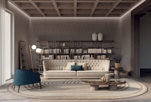 Greppi High Capitonné canapé design haut de gamme par Vittoria Frigerio, au dossier capitonné à la main de 88 cm et structure géométrique élégante. Disponible chez D-Style Interior.