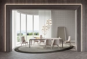 Rubini table de Vittoria Frigerio, une pièce élégante en bois précieux avec inserts métalliques, au design intemporel. Disponible chez D-Style Interior.