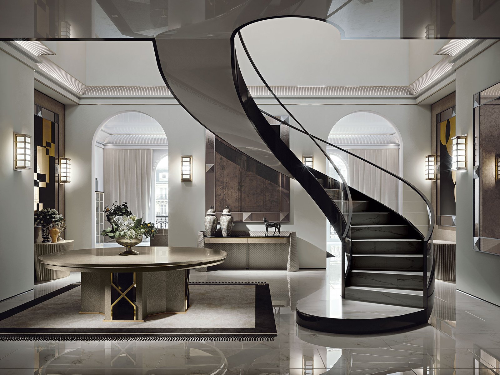 Grimaldi table de Vittoria Frigerio combine bois précieux et finitions métalliques pour un look imposant et raffiné. Disponible chez D-Style Interior.