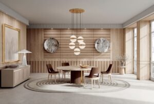 Corsini table design haut de gamme par Vittoria Frigerio, avec base en cuir matelassé et plateau marbre ou bois selon la version. Disponible chez D-Style Interior.