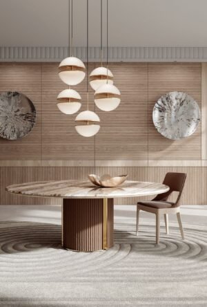 Corsini table design haut de gamme par Vittoria Frigerio, avec base en cuir matelassé et plateau marbre ou bois selon la version. Disponible chez D-Style Interior.