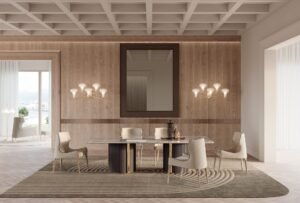 Corsini table design haut de gamme par Vittoria Frigerio, avec base en cuir matelassé et plateau marbre ou bois selon la version. Disponible chez D-Style Interior.