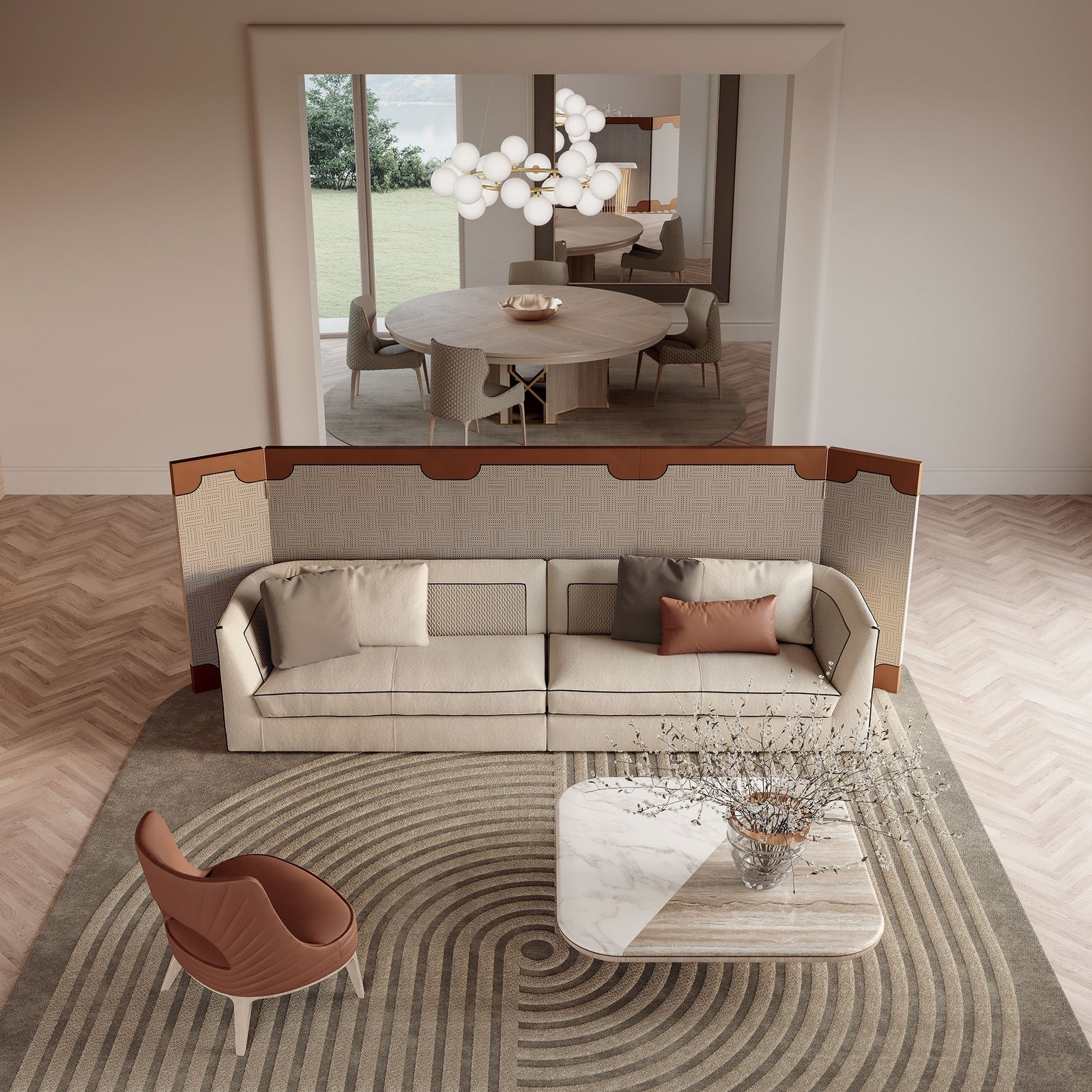 Recalcati paravent design haut de gamme en cuir, tissu, bois ou miroir, avec détails artisanaux Vittoria Frigerio. Disponible chez D-Style Interior.