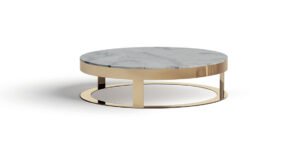 Biffi table basse de Vittoria Frigerio avec plateau en marbre ou grès et base métallique minimaliste. Disponible chez D-Style Interior.