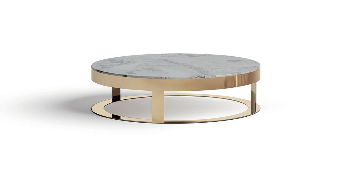 Biffi table basse de Vittoria Frigerio avec plateau en marbre ou grès et base métallique minimaliste. Disponible chez D-Style Interior.