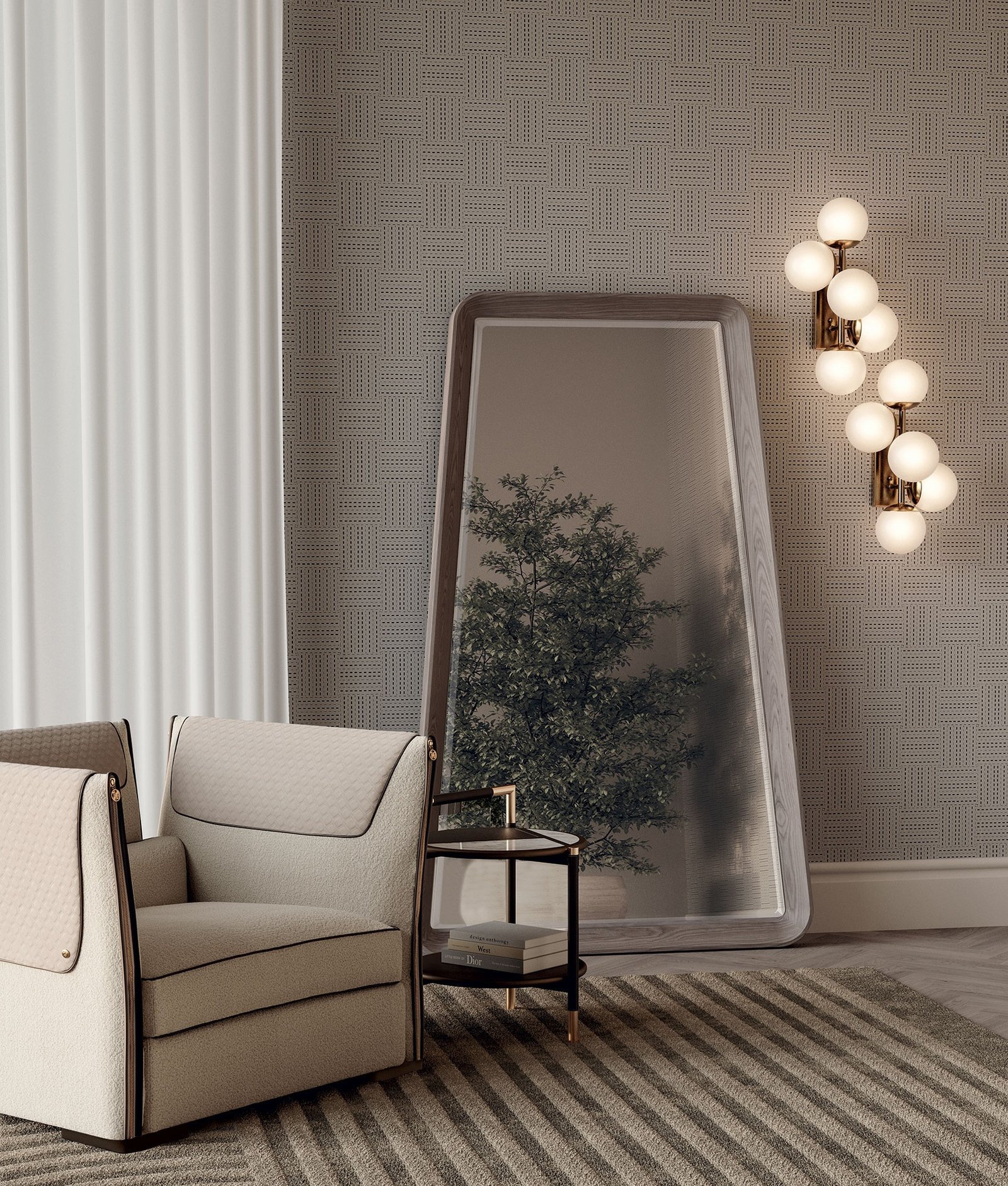 Barberini miroir design haut de gamme par Vittoria Frigerio, avec cadre en cuir ou frêne et verre bronze chanfreiné. Disponible chez D-Style Interior.