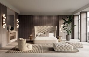 Medici lit design haut de gamme avec tête de lit capitonnée spectaculaire, coussins décoratifs et structure épurée. Disponible chez D-Style Interior.