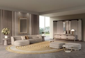Contarini miroir par Vittoria Frigerio, cadre Bronze Patiné, revêtement tissu ou cuir et éclairage LED intégré. Disponible chez D-Style Interior.