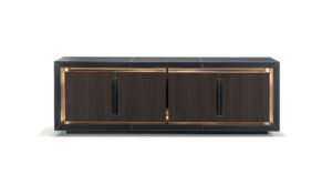 Lanza buffet en cuir par Vittoria Frigerio, finitions bois nobles, étagères en verre et éclairage LED. Une pièce haut de gamme disponible chez D-Style Interior.