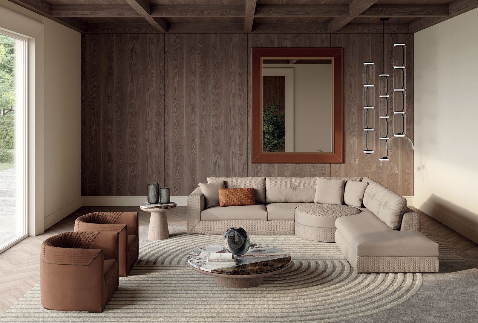 Alvi miroir design haut de gamme par Vittoria Frigerio, en verre bronze avec cadre raffiné en version laquée ou cuir. Disponible chez D-Style Interior.
