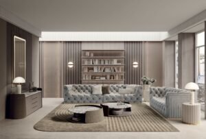 Contarini miroir par Vittoria Frigerio, cadre Bronze Patiné, revêtement tissu ou cuir et éclairage LED intégré. Disponible chez D-Style Interior.