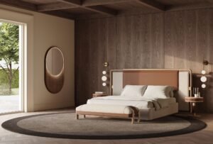 Lario lit design haut de gamme par Vittoria Frigerio avec tête de lit encadrée, panneau suspendu et finitions luxueuses. Disponible chez D-Style Interior.