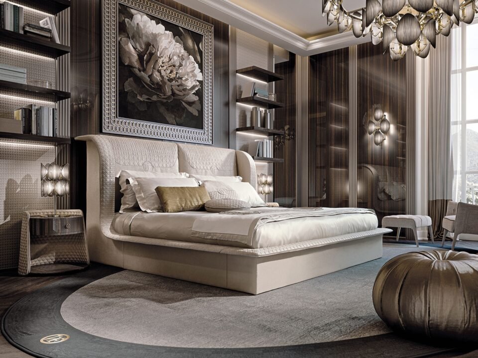 Appiani Lit design haut de gamme signé Vittoria Frigerio, avec matelassage dégradé, bande périmétrique raffinée et broderie VF. Disponible chez D-Style Interior.