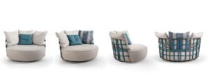 LOVE fauteuil de Gamma Arredamenti, un fauteuil pivotant en cuir tressé au design moderne et raffiné. Disponible chez D-Style Interior.