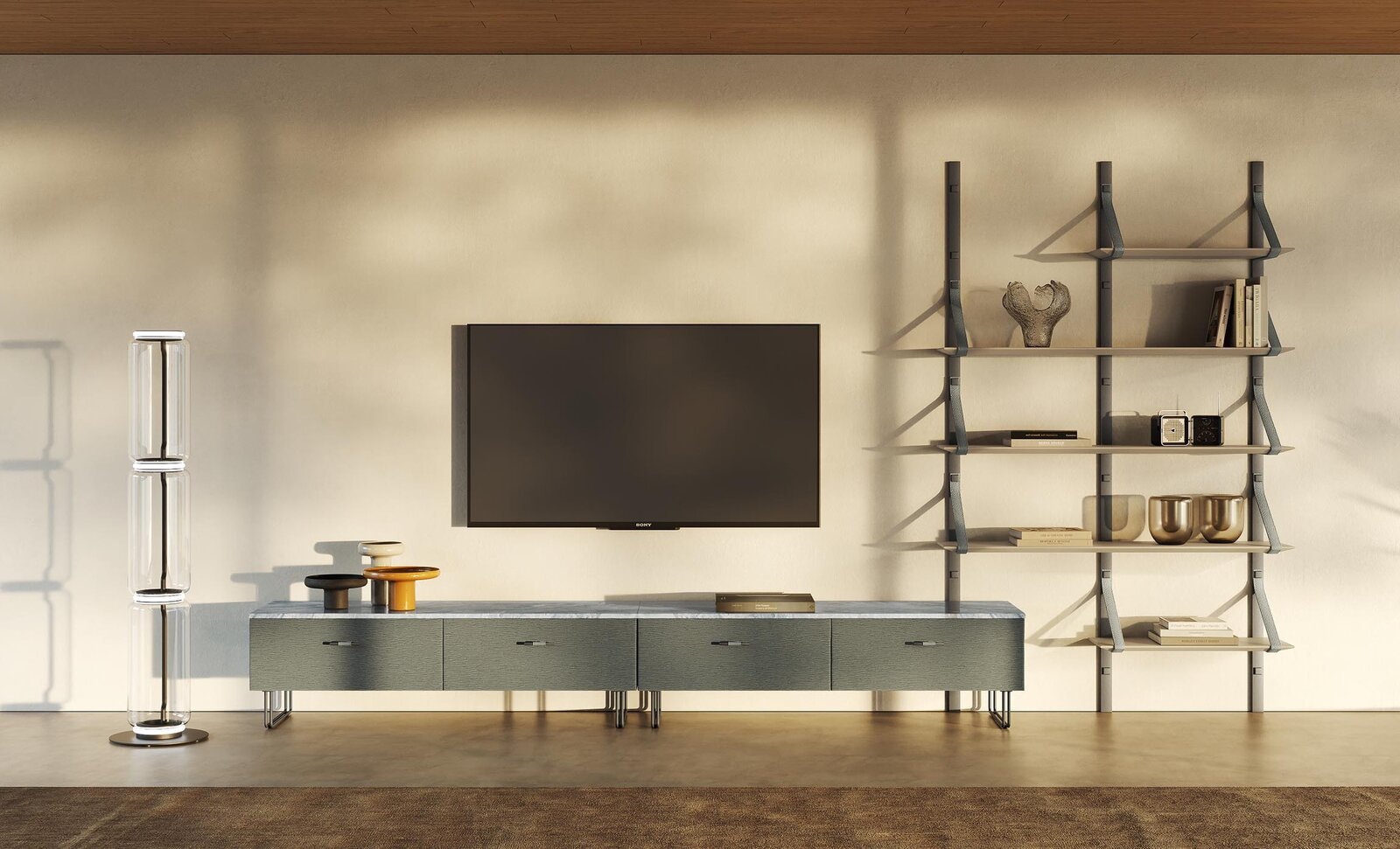 Oliver de Gamma Arredamenti, un meuble TV en cuir raffiné et personnalisable, alliant élégance, fonctionnalité et savoir-faire italien. Disponible chez D-Style Interior.