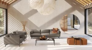 Zoom Miroir mural design haut de gamme avec ceinture en cuir personnalisable et finitions miroir fumé, bronze ou clair. Disponible chez D-Style Interior.