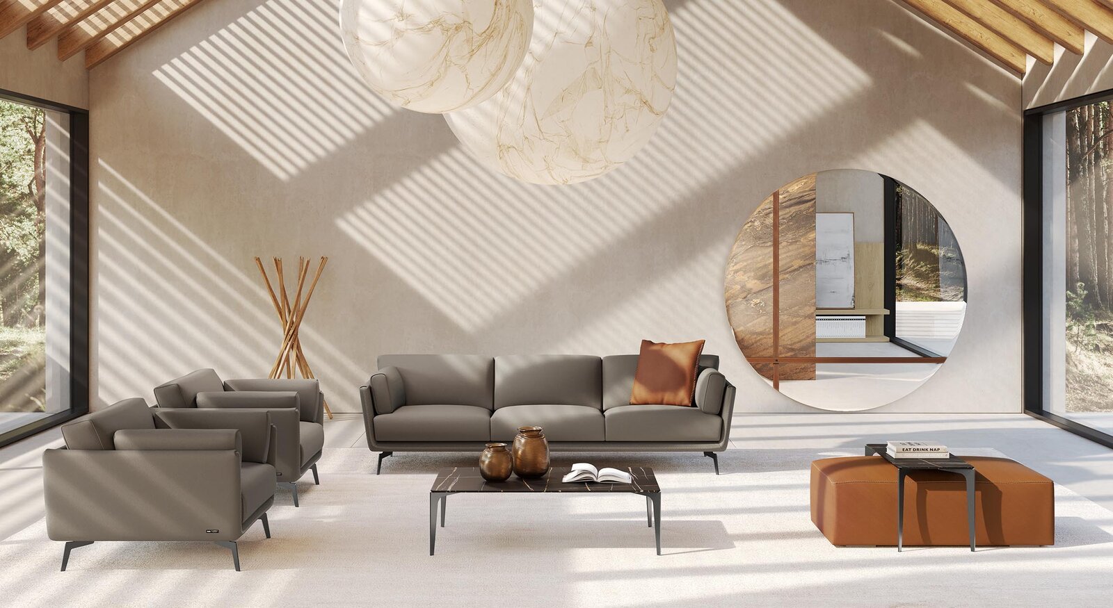 Zoom Miroir mural design haut de gamme avec ceinture en cuir personnalisable et finitions miroir fumé, bronze ou clair. Disponible chez D-Style Interior.