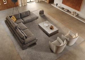 Tulip fauteuil en cuir moderne, confortable avec coussins cocooning et détails personnalisables. Disponible chez D-Style Interior.
