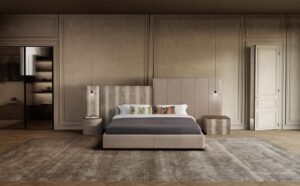 New York Night lit de Gamma Arredamenti combine design urbain, finitions couture et confort haut de gamme. Disponible chez D-Style Interior.