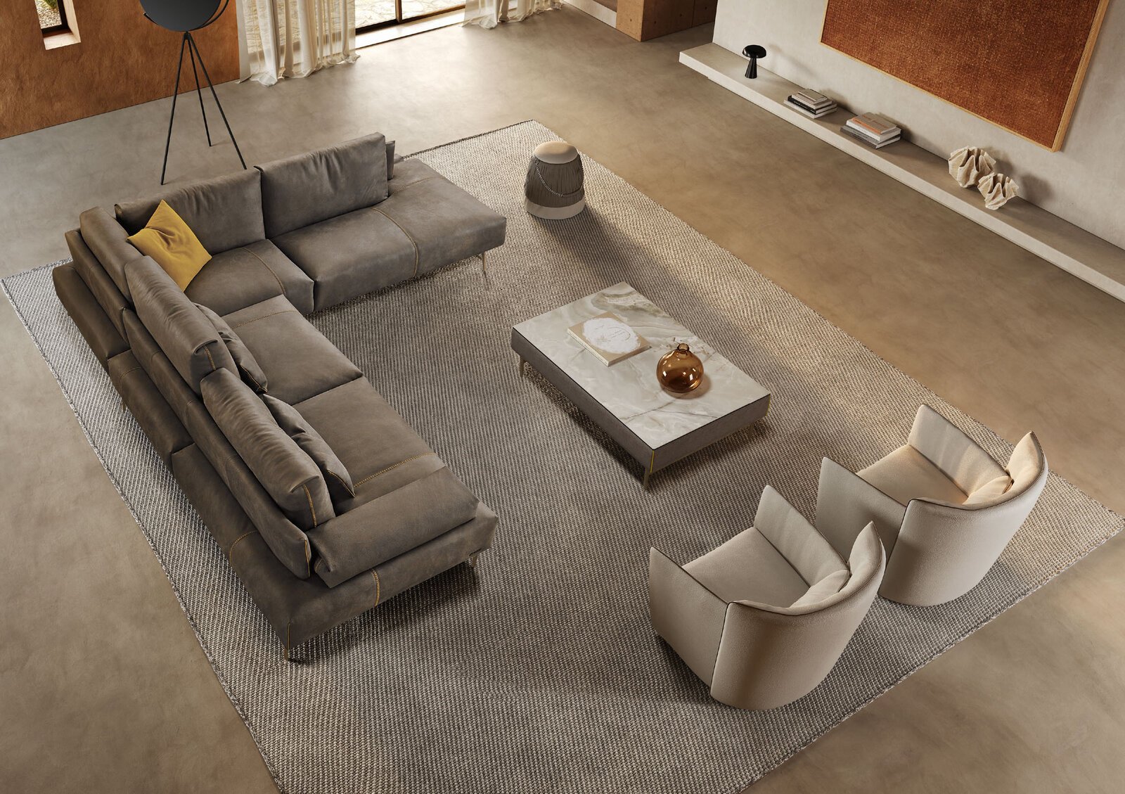 Saks table basse de Gamma Arredamenti associe cuir imprimé, marbre ou céramique dans un design raffiné et personnalisable. Disponible chez D-Style Interior.