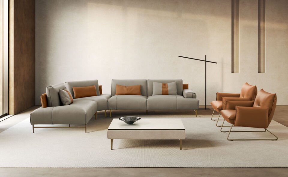 Saks table basse de Gamma Arredamenti associe cuir imprimé, marbre ou céramique dans un design raffiné et personnalisable. Disponible chez D-Style Interior.