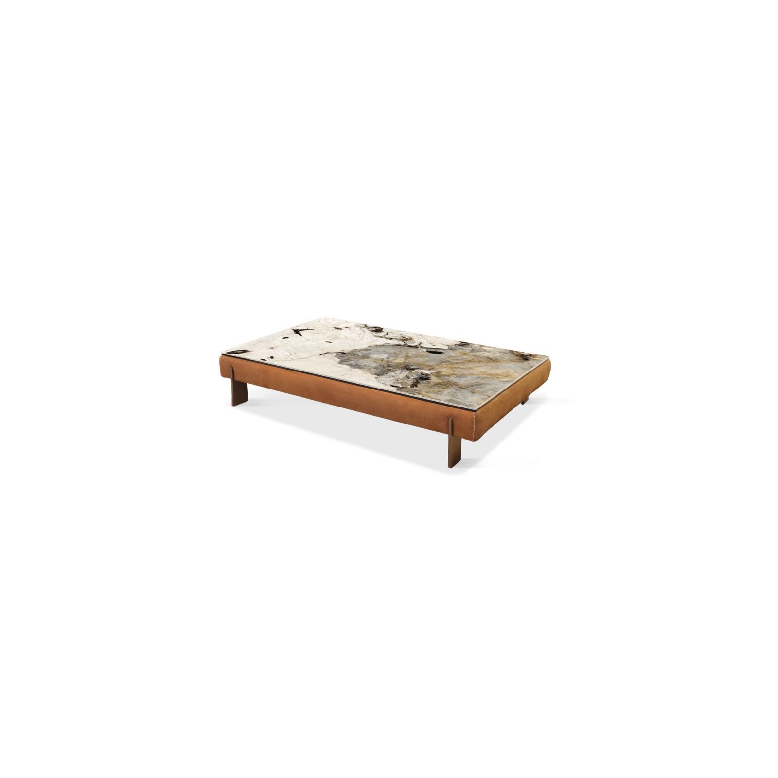 Tokyo table basse de Gamma Arredamenti. Pied en lame, base en bois revêtue de cuir et plateau personnalisable. Disponible chez D-Style Interior.